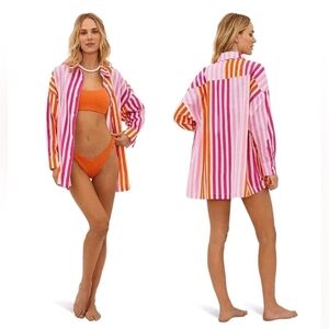 NWT BEACH RIOT Alexa Stripe Long Sleeve Cover-Up Shirt Sunset Stripes PL